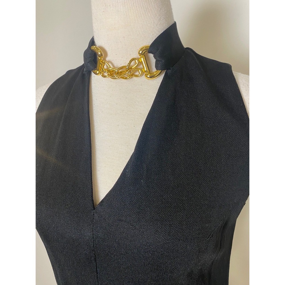 Vintage 60s Up-Beat Inc Black Knit Halter Top Gold Chain Link V-Neck Mod Top - Picture 2 of 6